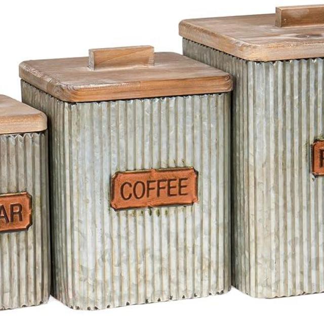 Red Co. Set of 3 Pre-Labeled Sugar, Coffee & Flour Distressed Metal Storage Canister Jars with Wooden Lids