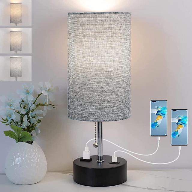 3-Color Temperature Bedside Lamp, Nightstand Lamp with USB Port and AC Outlet, Table Lamp for Bedroom with LED Bulb Small Lamps for Living Room (Gray)