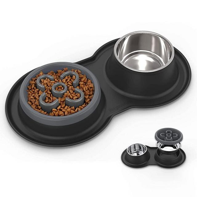 BurgeonNest Slow Feeder Dog Bowls, 27oz Stainless Steel 4-in-1 Food and Water Bowls with No-Spill Non-Skid Silicone Mat Eco-Friendly Slow Down Eating Puzzle Bowl for Medium Sized Dogs
