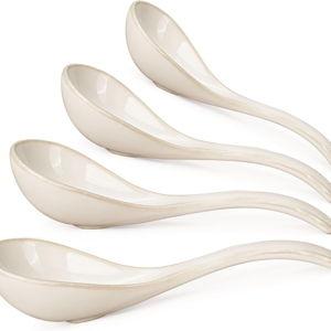Chinese Soup Spoons, Ceramic Asian Spoons with Deep Arc Anti-Roll Design, 6.85 Inch Set of 4, Perfect for Ramen, Pho, Wonton Soup as Japanese Soup Spoon, Korean Spoon (Creamy White)