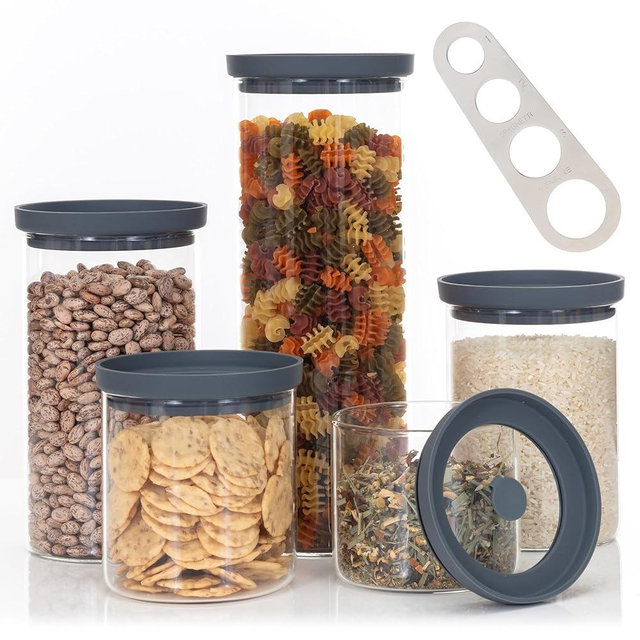 Glass Bottle Canisters with Airtight Silicone Lids - BPA Free, Kitchen Organizers & Pantry Storage Jars and Containers for Pasta, Rice, Dry Food, Flour with Portion Tool - Set of 5