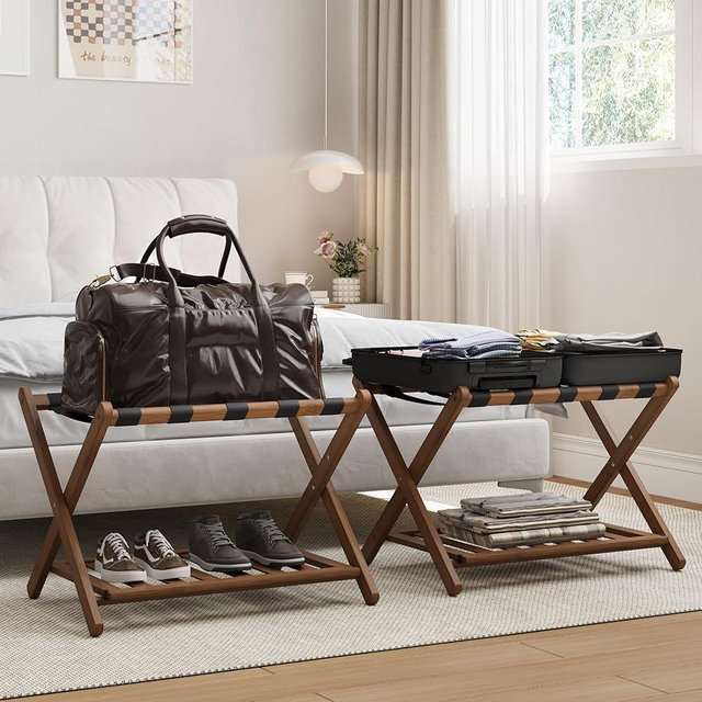 Smart FENDEE Set of 2 Fully Assembled 26.77" Dark Walnut Luggage Racks with Foldable Shoe Shelf, 5 Heavy-Duty Straps Bamboo Suitcase Stand, Luagge Holders for Guest Room Bedroom, Hotel