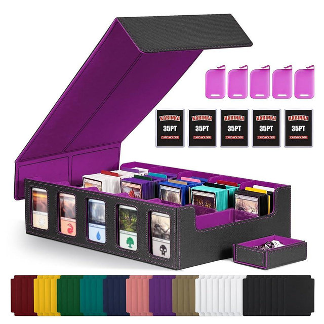 Trading Card Storage Box with Commander Display , 5-Row Deck Case with Removable Lid; 3900+ Card Deck Box for MTG TCG Sports Card, 5 Toploaders, 5 Stoppers, 48 Dividers,1 Dice Tray (Black Purple)