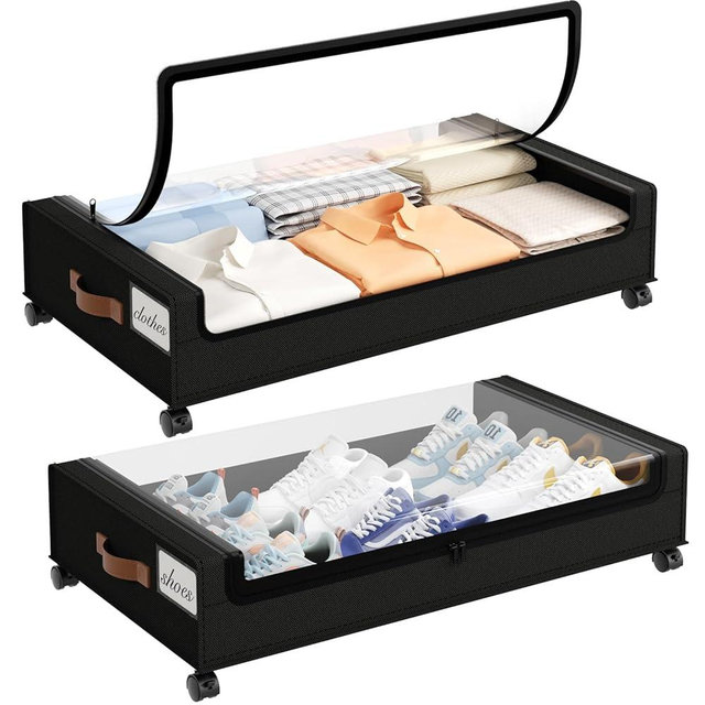 Yecaye Under Bed Storage with Wheels, 2 Pack Under the Bed Storage Containers with Lids & Label, XXL 60L Rolling Underbed Storage Drawers for Clothes, Blankets, Shoes, Black