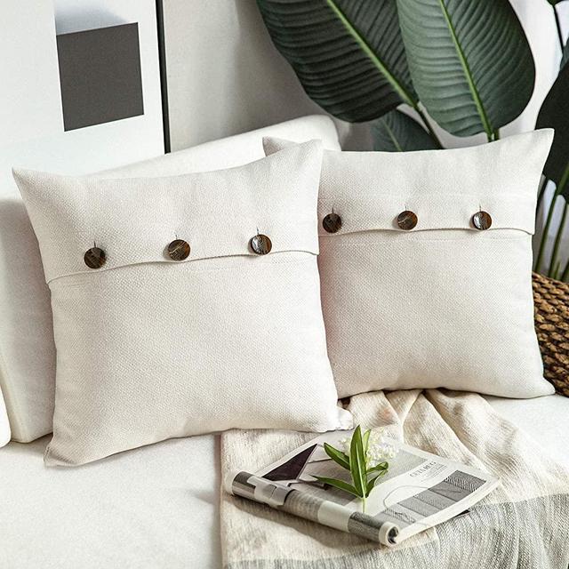 Phantoscope Farmhouse Throw Pillow Covers Triple Button Vintage Linen Decorative Pillow Cases for Couch Bed and Chair Off White, 22 x 22 inches 55 x 55 cm, Pack of 2