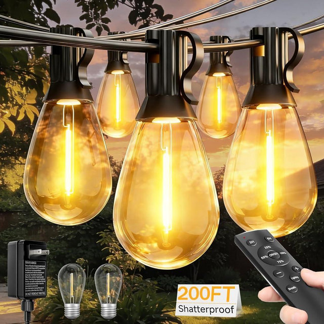 Tenmiro 200FT LED Outdoor String Lights with Remote, 72+2 Shatterproof Bulbs Dimmable Timing 3 Light Modes Outside Patio Lights for Backyard Porch Deck Garden Balcony Pool party Hanging Lighting Decor