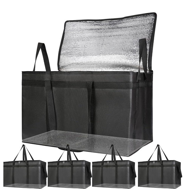 Bodaon 5-Pack Cooler Insulated Food Delivery Bag for Commercial Drivers, XXX-Large Thermal Bags for Catering/Hot Pizza, Travel/Camping/Picnic Basket, Grocery Reusable Warmer Frozen, Black, Hard Bottom