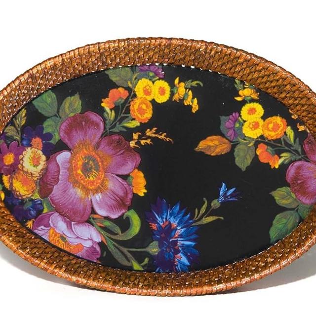 MacKenzie-Childs Flower Market Small Rattan & Enamel Tray - Black