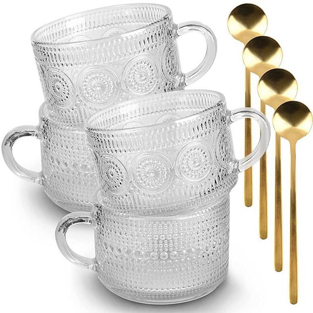 4 Pcs Vintage Glass Coffee Mugs 16 Oz Clear Embossed Tea Cups with 4 Pcs Spoons Stackable Drinking Glasses for Cappuccino Water Milk Yogurt Beverage Gift for Family and Friends