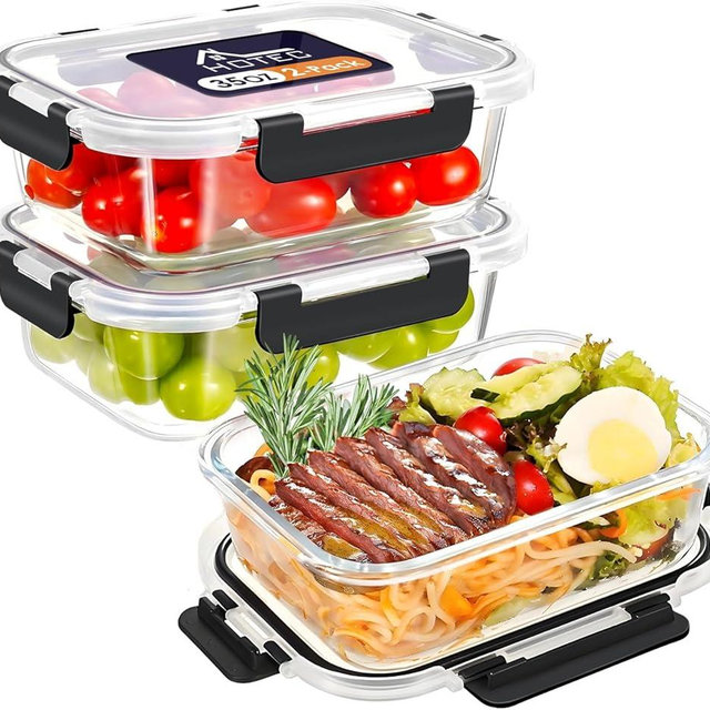 HOTEC 35OZ Glass Food Storage Container, Airtight Glass Lunch Fruit Containers with Lids - Microwave, Oven, Freezer and Dishwasher Safe, 2-PACK