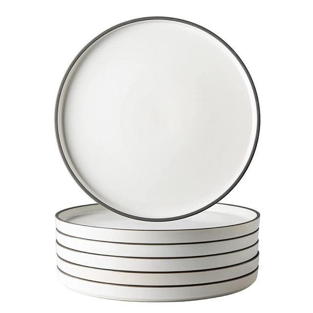 LERATIO Dinner Plates,Ceramic Dinner Plates Set of 6,10.75 inch Large ceramic plates,Modern Shape Dinnerware Dishes Set for Steak and Pasta,Microwave,Dishwasher,Oven Safe,Matte Cream with Black Rim