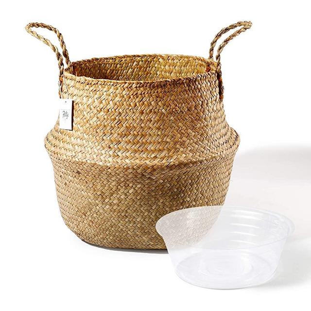 POTEY 710103 Seagrass Plant Basket - Hand Woven Belly Basket with Handles, Extra Large Storage Laundry, Picnic, Plant Pot Cover, Home Decor and Woven Straw Beach Bag (Extra Large, Original)
