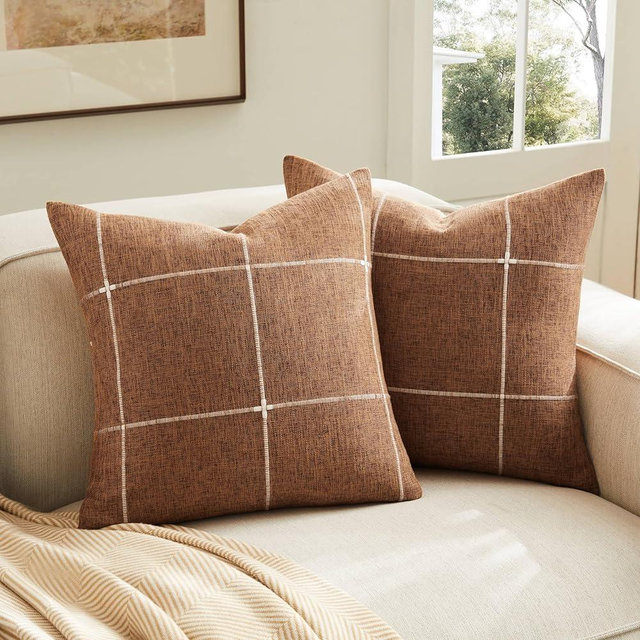 YZJZEDS 2 Packs Grid Embroidery Throw Pillow Covers, 18x18 Inch Caramel, Farmhouse Linen Decorative Caramel Cushion Covers for Sofa Bed Living Room Home Decor