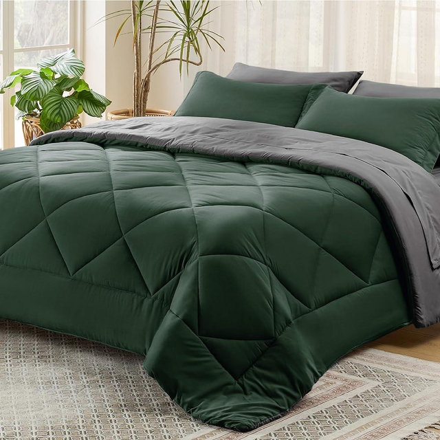 Bedsure Forest Green King Size Comforter Set - 7 Pieces Reversible King Bed in a Bag, King Bed Set Forest Green and Grey with Comforters, Sheets, Pillowcases & Shams
