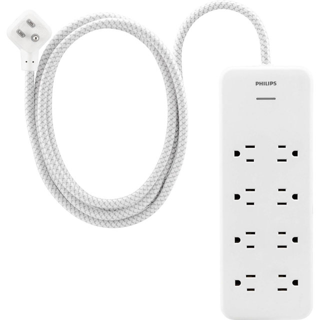 Philips 8-Outlet Surge 8' braided cord 2160J Adapter-Spaced - White