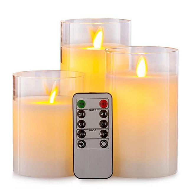 Aku Tonpa Flameless Candles Battery Operated Pillar Real Wax LED Glass Candle Sets with Remote Control Cycling 24 Hours Timer, 4" 5" 6" Pack of 3