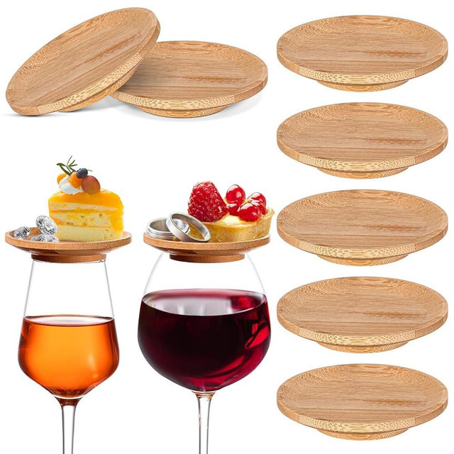 Tessco 8 Pcs 4" Wine Glass Charcuterie Topper Bamboo Round Wine Glass Charcuterie Board Topper Dual Use Cups Topper Appetizer Plates for Christmas Party Family Gatherings Bars Restaurants