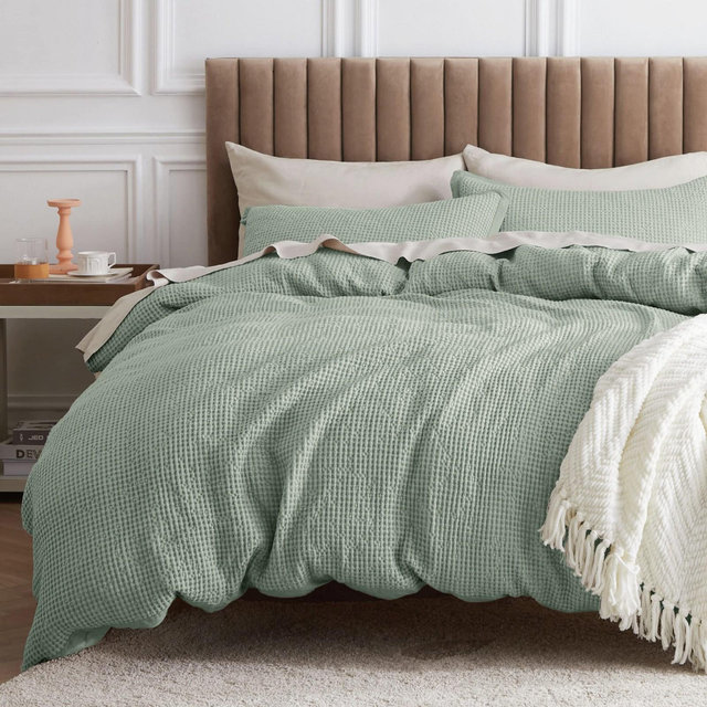 3 Pieces Bedsure Cotton Duvet Cover Queen Sage Green 100 Percent Cotton Waffle Weave Bedding Set GentleSoft Breathable All Season OEKO-TEX Certified C