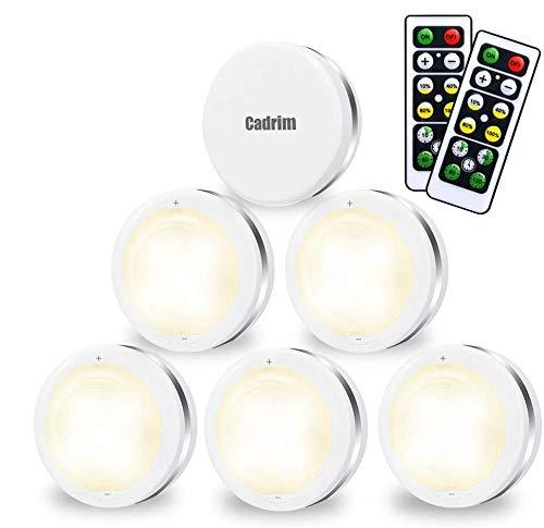 Cadrim Puck Lights, LED Stick on Lightings and Dimmable Under Cabinet Lights Battery Powered Under Counter Tap Lights with 2 Wireless Remote Controls (6 Pack) (White)