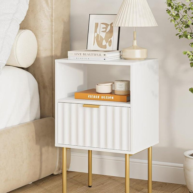 AEPOALUA Nightstand,Modern Bedside Table with Gold Frame,White Night Stand,Bedside Furniture, Modern Side Table with Drawer and Shelf for Bedroom,Living Room (White)