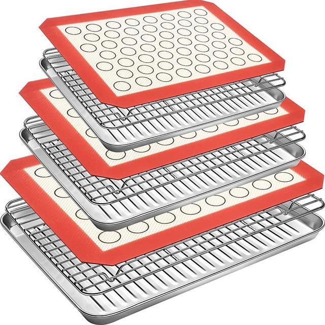 Stainless Steel Baking Sheet Cooling Rack with Silicone Baking Mat Set, CEKEE Cookie Sheets Set of 9 (3 Sheets + 3 Baking Racks + 3 Mats), Baking Pans Set - Heavy Duty & Dishwasher Safe