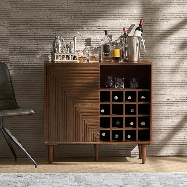 HULALA HOME Magric Accent Cabinet Built-in Wine Rack, Mid-Century Modern Bar Cabinet with Durable Natural Oak Wood & Handcrafted Finish, Walnut