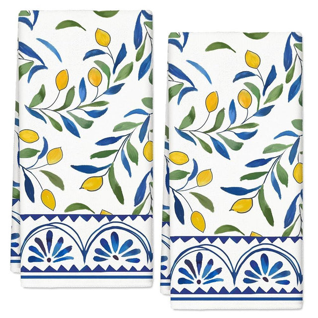 Generic AnyDesign Lemon Kitchen Towel Yellow Lemon with Blue Leaves Dish Cloth 18 x 28 Inch Vintage Hand Drying Tea Towel for Spring Summer Cooking Wiping Cleaning, 2Pcs