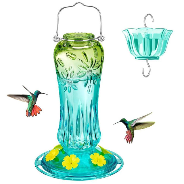 Kingsyard Glass Hummingbird Feeders for Outdoors Hanging, Hummingbird Nectar Feeder with Ant Moat & 6 Bee Guard Feeding Ports, 25 Ounces Leak Proof (Blue & Green)