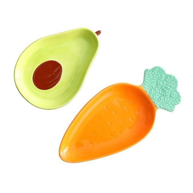 KICHOUSE 2Pcs Creative Avocado and Radish Shaped Ceramic Plates Decorative Snack Dishes for Household Kitchenware Avocado Bowl and Radish Dish for Fruits