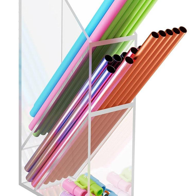 NiHome Straw Holder for Kitchen Cabinet Door, Large Capacity Dual Compartments for 10-12 Inch Straws, Angled Design for Easy Access, Extra Bottom Storage for Caps, Horizontal or Vertical Placement
