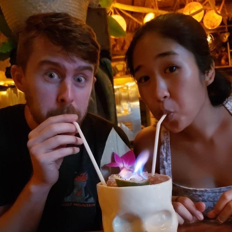 Sharing a cocktail at a tiki bar in Chinatown.