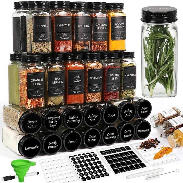 Empty Spice Jars with Labels 4oz 48Pack, AuroTrends Spice Containers with Labels- 4 oz Seasoning Containers with Preprinted Spice Labels/Funnel/Marker for Pantry Organizers and Storage (4fl.oz, 48Pack)
