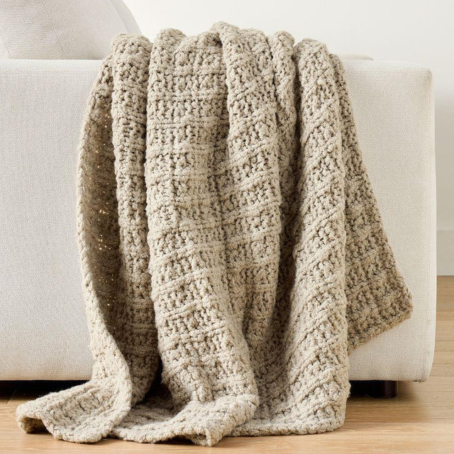 Plaid Chunky Cotton Knit Throw, Dark Flax, 50" x 60"