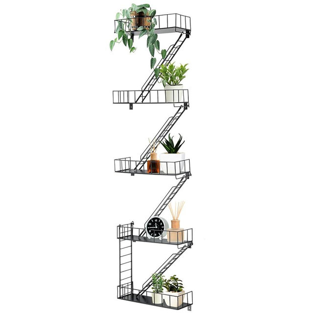 Zonon Fire Escape Wall Shelf Hanging Metal Ladder Decor Cool Bookshelf Wall Organizer Floating Shelves Action Figure Shelf for Home Bedroom Room Display (5 Tier)