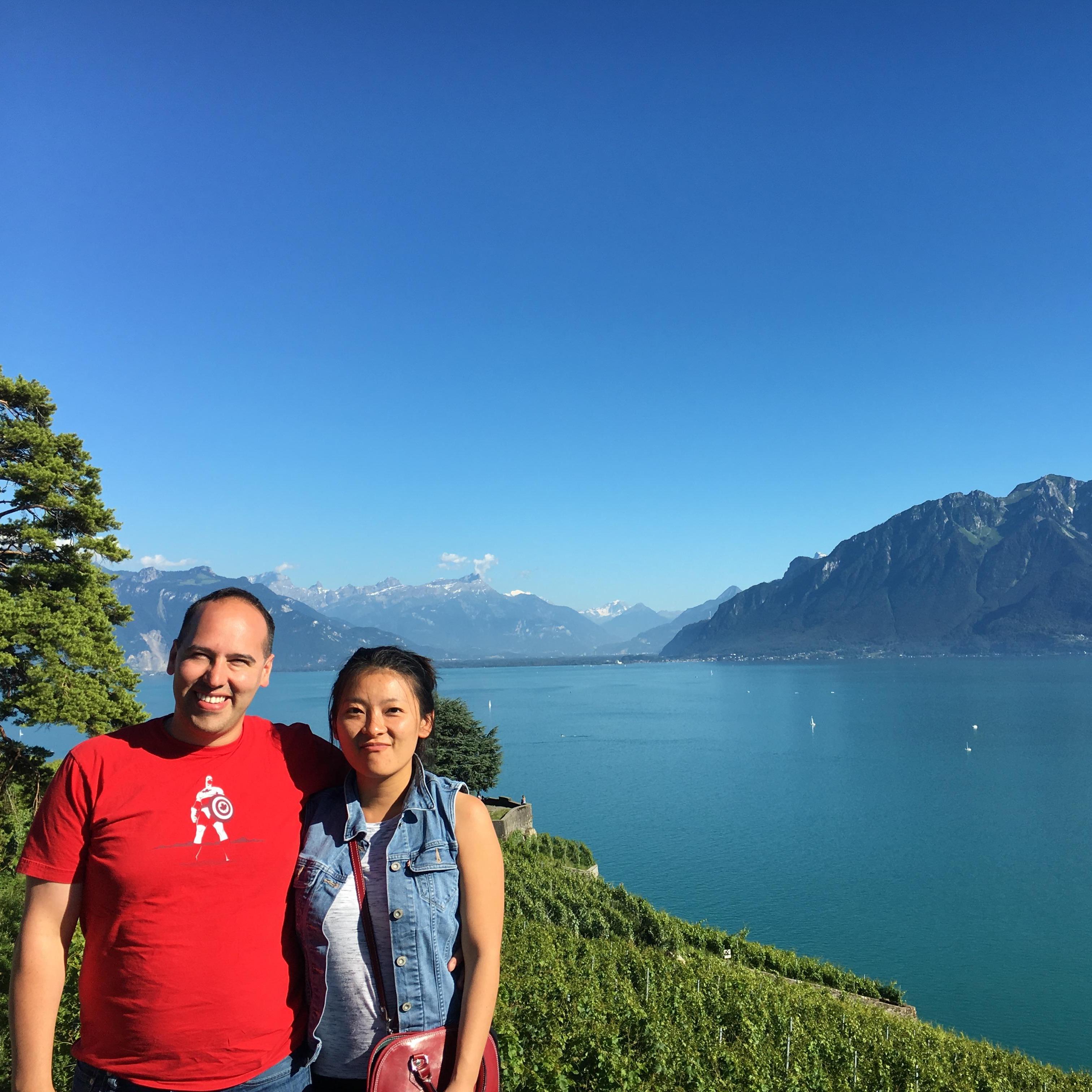 Diego and Tone enjoying the water alongside the Alps.