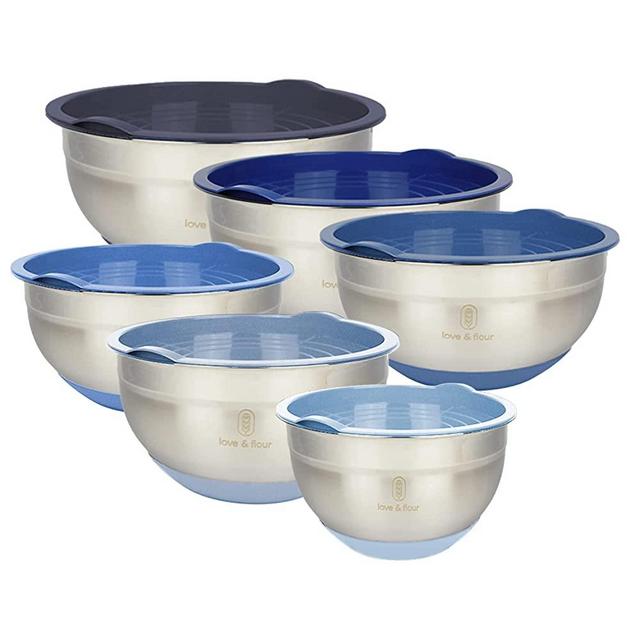 love & flour Mixing Bowls with Airtight Lids, 12 Piece Stainless Steel Nesting Bowls Set, Measurement Marks & Colorful Non-Slip Bottoms Great for Prep, Serving and Food Storage (Sea Breeze)