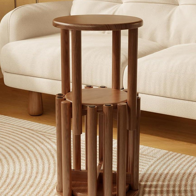 Solid Wood Stackable Stools Set of 4, 100% Wooden Stool No Installation Required Walnut Side Table Multifunctional Space Saving 18 Inch Round Stool Modular Interlocking Coffe Table for Living Room