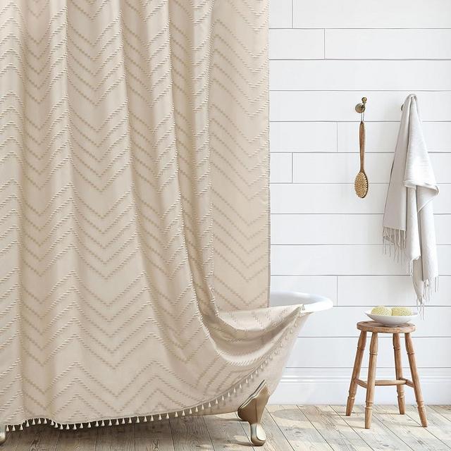 Extra Long Farmhouse Boho Chevron Shower Curtain, Woven Fabric 96 in Beige Shower Curtain, 72 x 96, Tufted Striped, Modern Chic Textured Shower Curtain Set Minimalist Bathroom Decor
