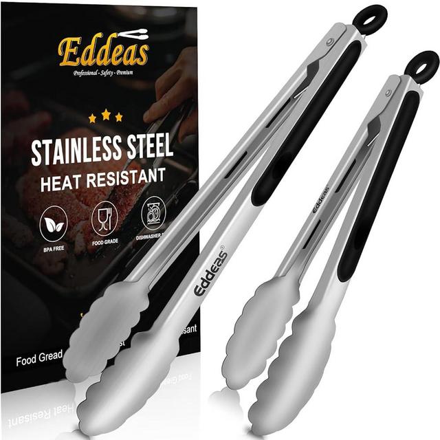 Eddeas Kitchen Tongs - 9" and 12" Tongs for cooking,Heat Resistant 600 Degrees Stainless Steel metal Tong and Non-Slip Handle - Perfect for Cooking,Salad and BBQ,Set of 2