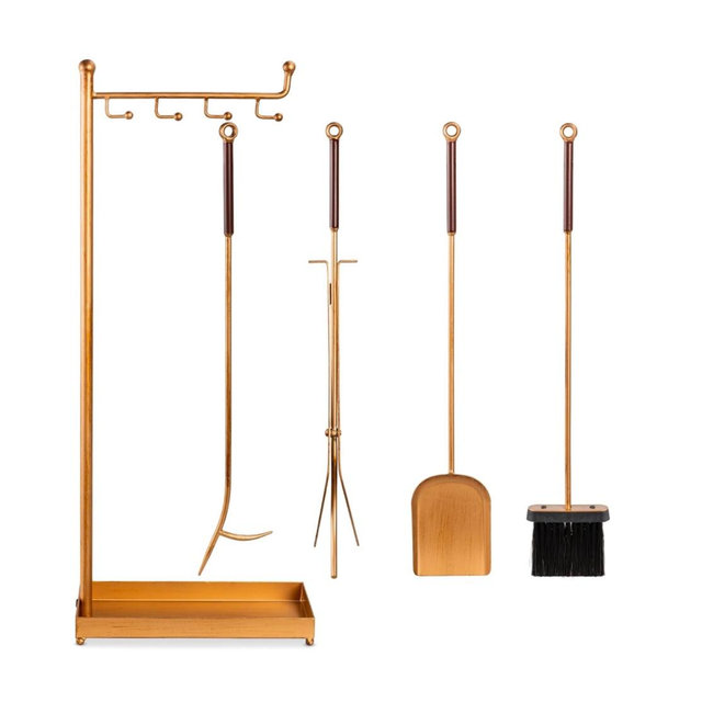 Best Choice Products 5-Piece Modern Contemporary Fireplace Tool Set for Indoor Fireplace Décor, Outdoor Fire Pit w/Poker, Tongs, Dust Pan Shovel, Brush, Ergonomic Handles - Antique Gold
