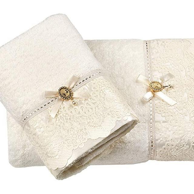 Tessile Di-Lusso Clara Bamboo/Guipure, Embroidered Luxury Towels in Gift Box.27 x 55 in / 20 x 35 in (Cream)