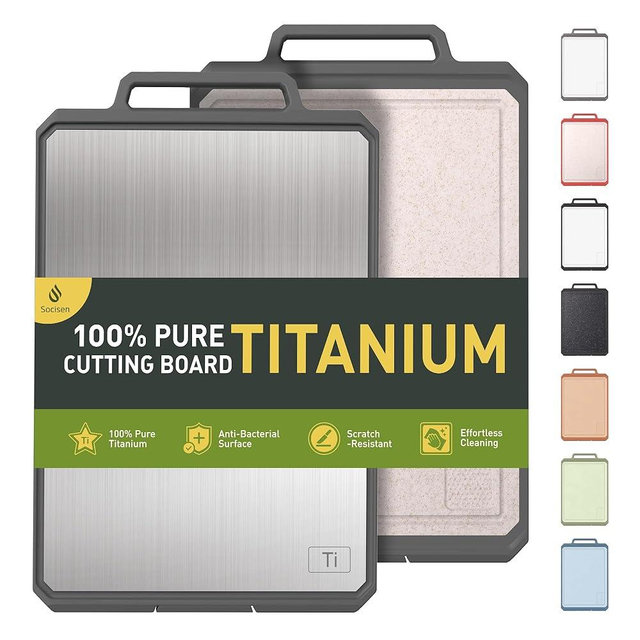 Titanium Cutting Boards for Kitchen Chopping Board with Handle Large Big Small Kitchen Meat Butcher Block 2 in 1 Pure Titanium and Wheat Straw PP Not Wood Bamboo Plastic Silicone Teak Grey/Beige