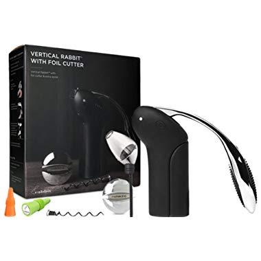 Wine Opener Gift Set By Rabbit Metrokane, Rabbit Vertical Corkscrew,(Velvet Black)Foil Cutter, Extra Spiral, Rabbit Wine Aerator Pourer, Rabbit Wine and Beverage Bottle Stopper
