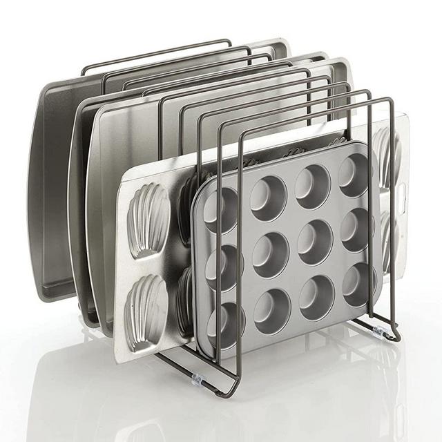mDesign Metal Wire Organizer Rack for Kitchen Cabinet, Pantry, Shelves - Holder with 8 Slots for Skillets, Frying Pans, Lids, Cutting Boards, Vertical or Horizontal Placement - Large - Dark Gray