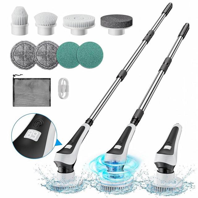 Electric Spin Scrubber,Cordless Cleaning Brush with Power Display Screen,IP68 Waterproof Shower Cleaning Brush with 8 Replaceable Brush Heads,Adjustable & Detachable Handle and 2 Adjustable Speeds