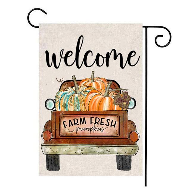 MFGNEH Farm Fresh Pumpkins Truck Welcome Double Sided Waterproof Fall Decor Garden Flag Burlap Yard Banner Lawn Outdoor Decoration 12.5 x 18 Inch