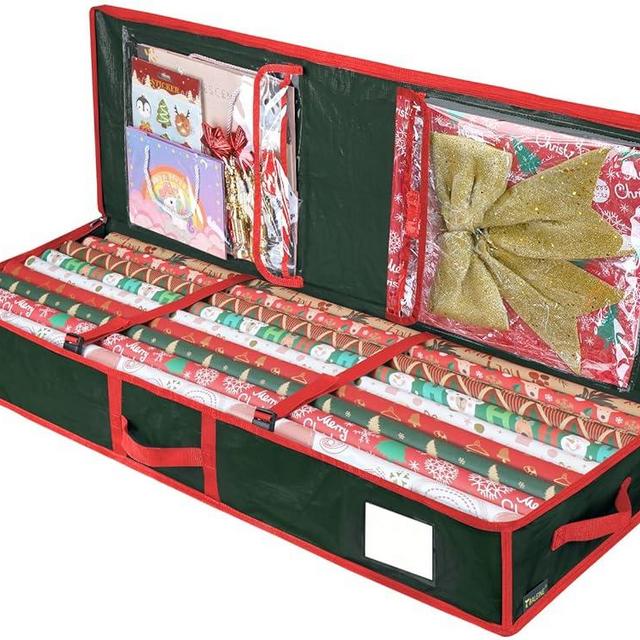 BALEINE SOFT Christmas Wrapping Paper Storage Bag, 40" Durable PE Gift Wrap Storage Bag with Flexible Partitions and Pockets for Ribbon, Accessories (Green)