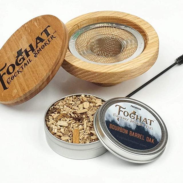 Foghat Cocktail Smoker with Bourbon Barrel Wood Shavings | Infuse Cocktails, Wine, Whiskey, Cheese, Meats, Dried Fruits, Salt and More! | Smoking Glass Cloche Accessories