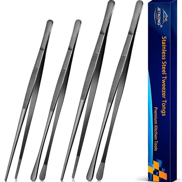 JETKONG 4 Pcs Kitchen Tweezers Professional Stainless Steel Cooking Tweezers Set, Black Kitchen Food Tweezer Tongs for Cooking, Repairing, and BBQ (10+12-Inch, Black)