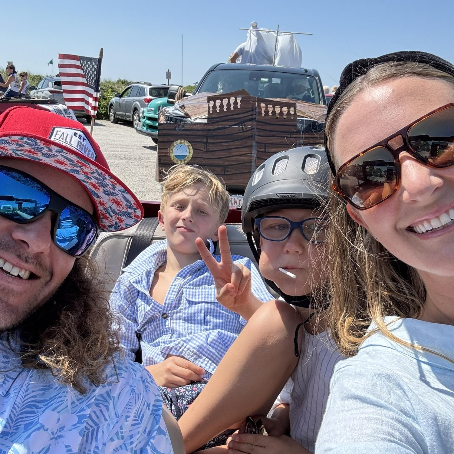 Cruising in Jeepster for 4th of July parade with Lucy's nephews Philip and Patch Potempa!